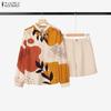 ZANZEA Women Long Sleeve Print Blouse and Shorts Casual Two Piece Suit Sets