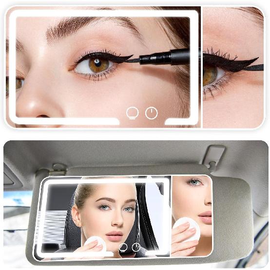 Car Sun Visor Makeup Mirror, Equipped With 3X Magnifying Glass And Three-Color Adjustable Brightness Soft Light Mirror, Rechargeable, Suitable For