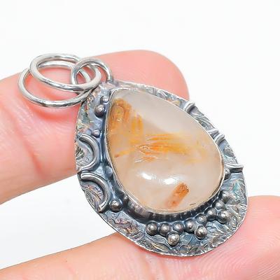 Natural Golden Rutile Gemstone 925 Sterling Silver Gift Pendant 1.81" f3V23