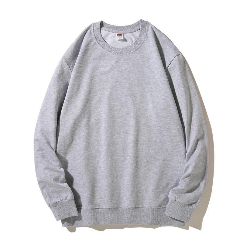 Spring Crew Neck Sweatshirt: Drop Shoulder, Solid Color, Long Sleeve, Logo-Printed Workwear.
