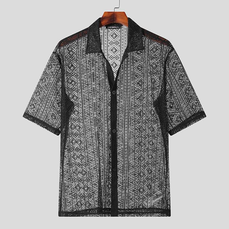 

Модная мужская рубашка, сетчатая кружевная прозрачная уличная одежда с лацканами и короткими рукавами и пуговицами, вечерние сексуальные мужские костюмы, S-5XL INCERUN XXL чёрный