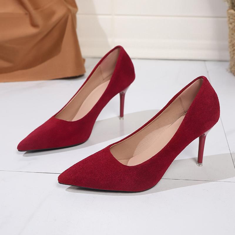 Fashion 2025 New Shallow High Heels Pointed Toe Suede Slip-on Non-slip Wear-resistant Versatile Temperament Single Shoes