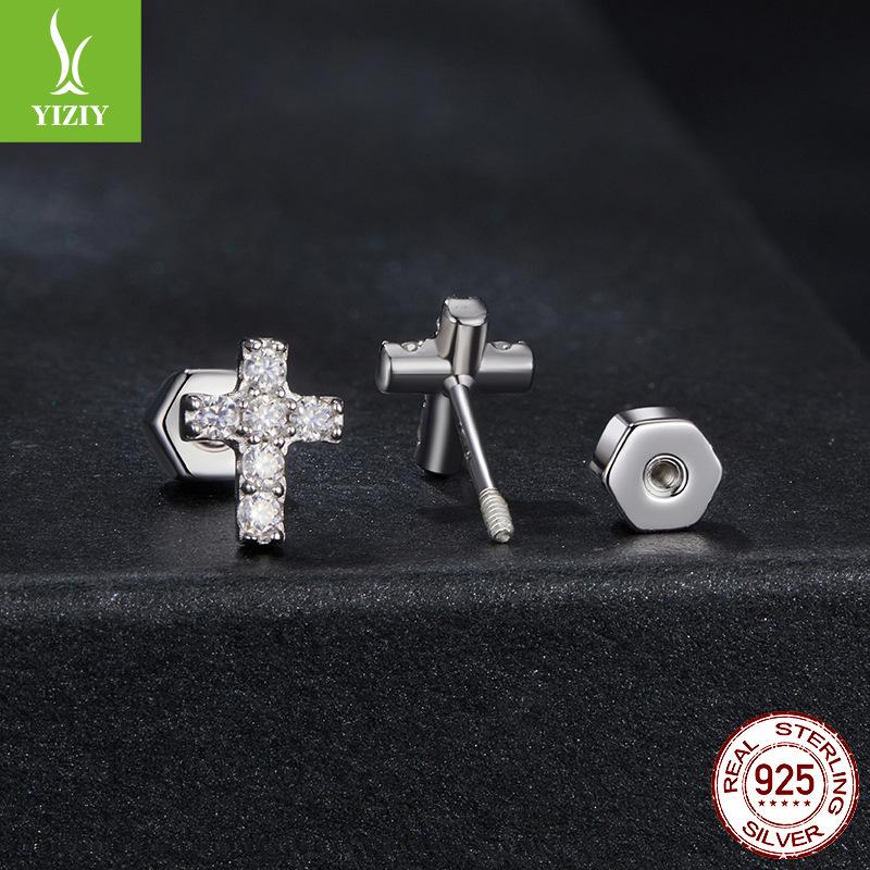 Cross Diamond Moissanite Stud Earrings Women'S Cross-Border Trend 925 Sterling Silver Shine Stud Earrings