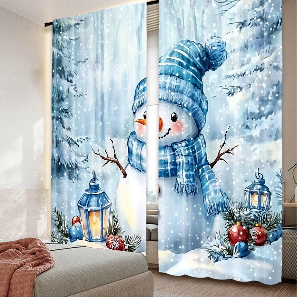 

2D flat printing 2pcs Christmas curtains Cartoon blue Santa hat snowman print Digital Printed Polyester Drapes Festive Holiday 100*130 Grommet Top 1pcs