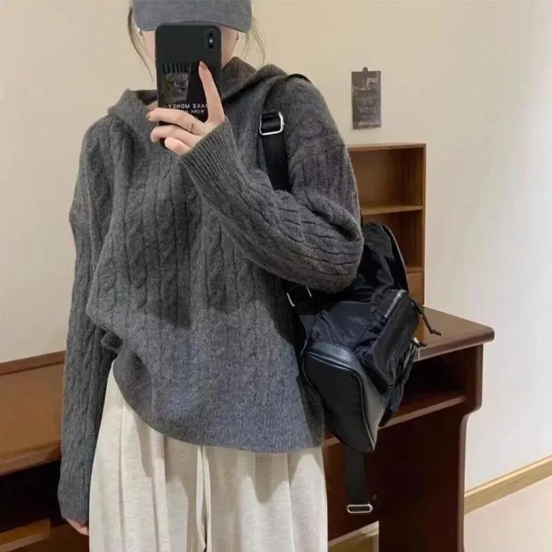 Women's Hooded Sweater Loose Knitted Top Autumn and Winter Solid Color Pullover Sweater