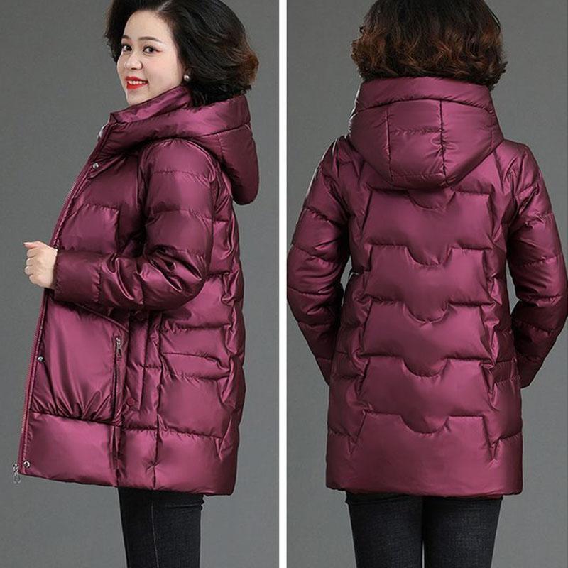 Winter Women's Shiny No-wash Padded Jacket   Mid-length Hooded Padded Coat