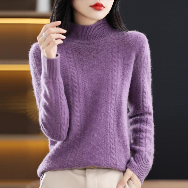 Women's Cable Knit Wool Sweater: Autumn/Winter Warm, Skin-Friendly, Half-High Collar, Seven-Needle Knit.