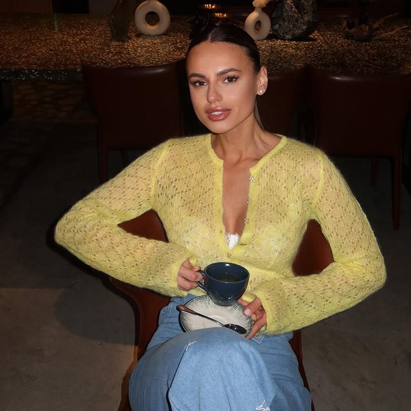 2026 Spring See Through Sweater Women Knit Cardigan Coats Sexy Hollow Out Single Breasted Cardigan Streetwear Y2K Knitted Tops