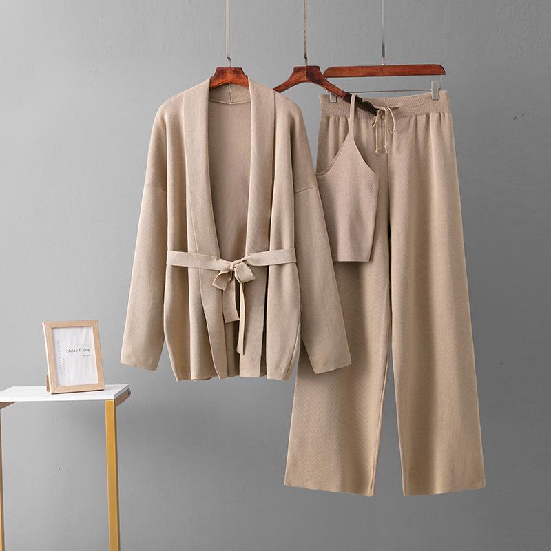 Women's Trendy Casual Wool Three-Piece Suit: Knitted Cardigan, Suspenders, and Wide-Leg Pants.