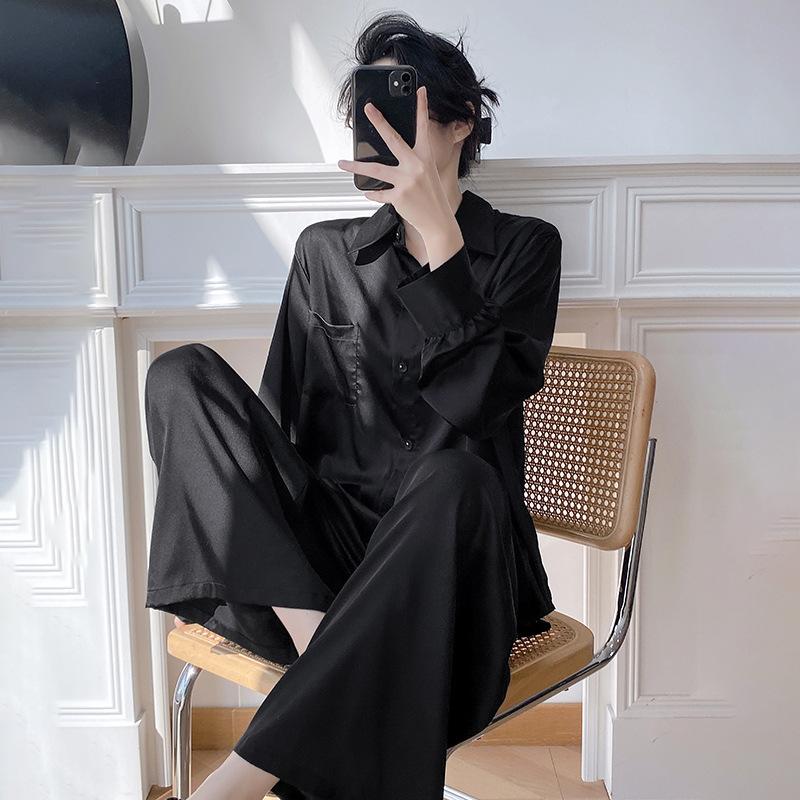 1011 new pajamas women's spring and autumn ice silk long-sleeved large-size suit summer solid color high-end wide-leg pants loungewear