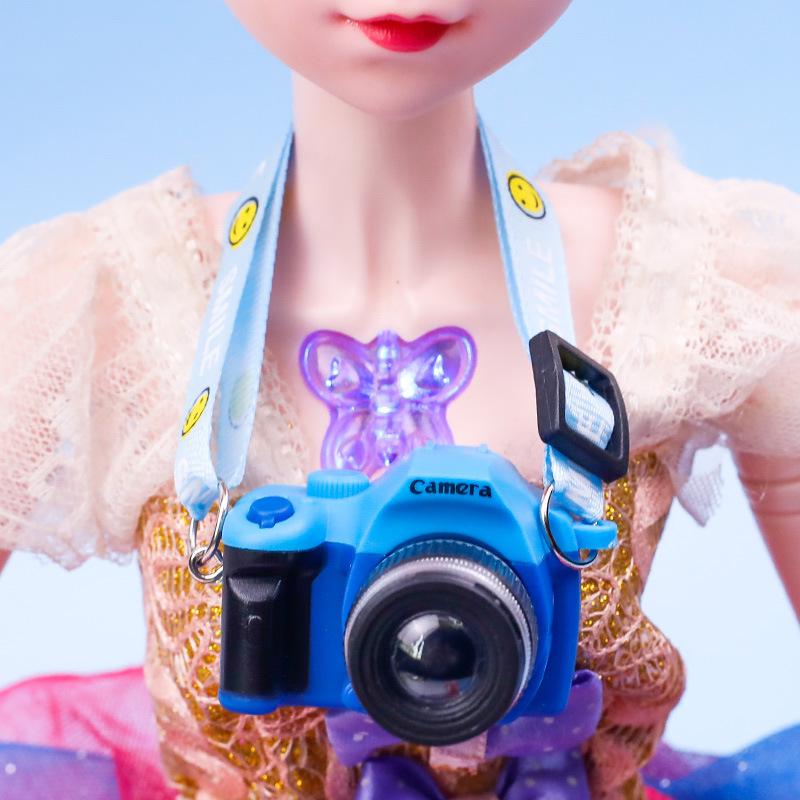 Smiling Plush Toy Dog with Webbing Strap and Sounding Cartoon Camera Pendant Necklace