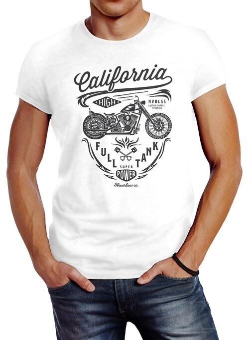 Mens T-Shirt Biker Motorcycle Lettering California Full Tank Retro Design-