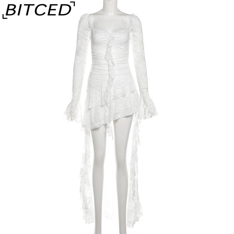 BITCED Autumn Women's Solid-Colour High-Waisted Fashion Square-Neck Long-Sleeved Lace-Panel Dress