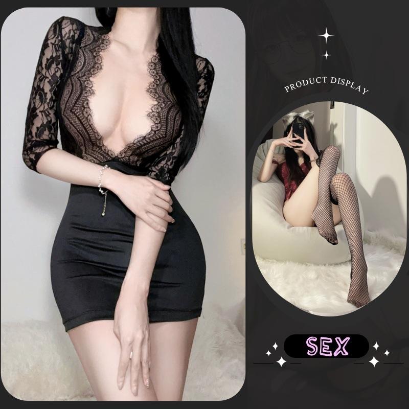 Large size erotic underwear sexy lace suit hip skirt uniform temptation perspective passion onesie OL