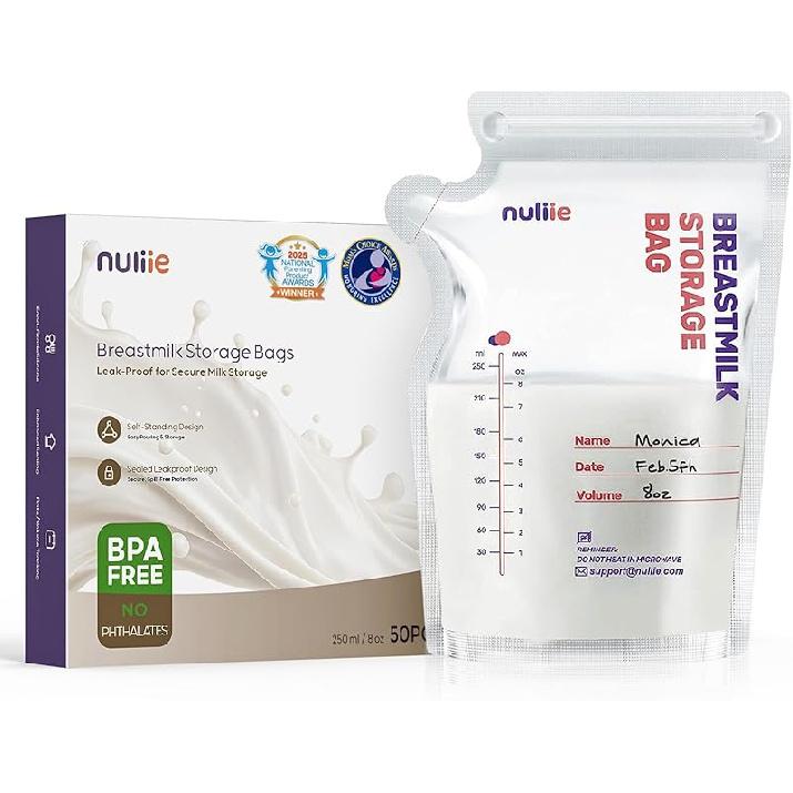 Nuliie 120 Pcs Breastmilk Storage Bags, 8 OZ Breast Milk Storing Bags, BPA-Free, Milk Storage Bags with Pour Spout for Breastfeeding, Self-Standing 50 Count
