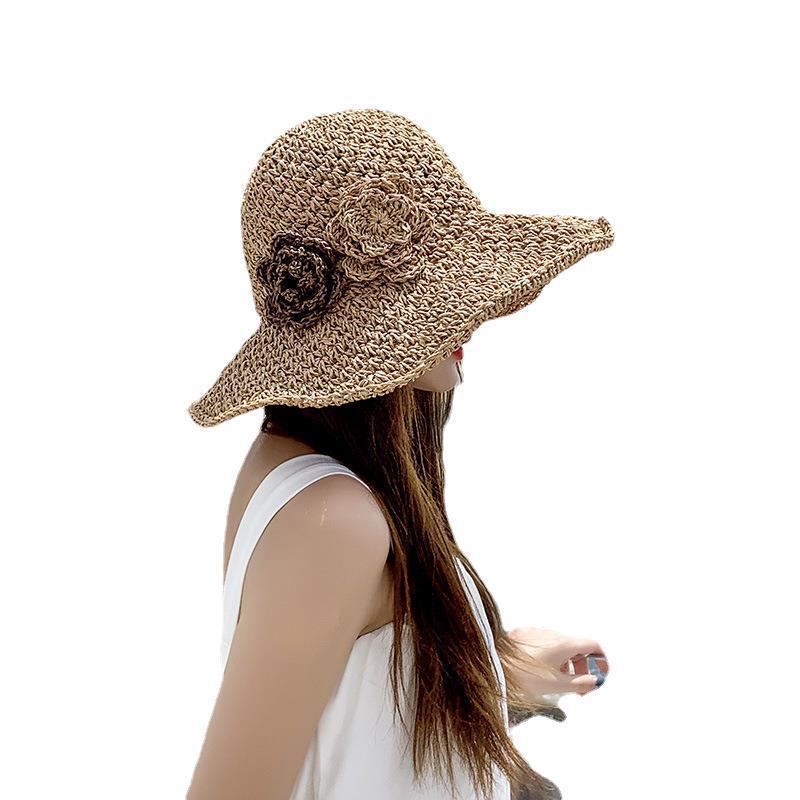 1Pcs Wide Brim Uv Protection Beach Cap Women Foldable Straw Sun Hat With Floral Decoration For Summer Travel Outdoor