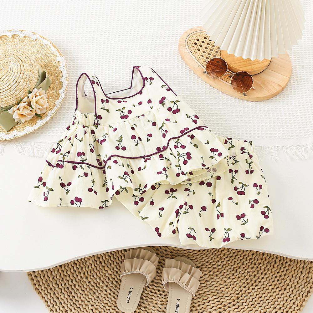 Charming Two Piece Summer Set For Little Girls Featuring Cherry Blossom Print Design