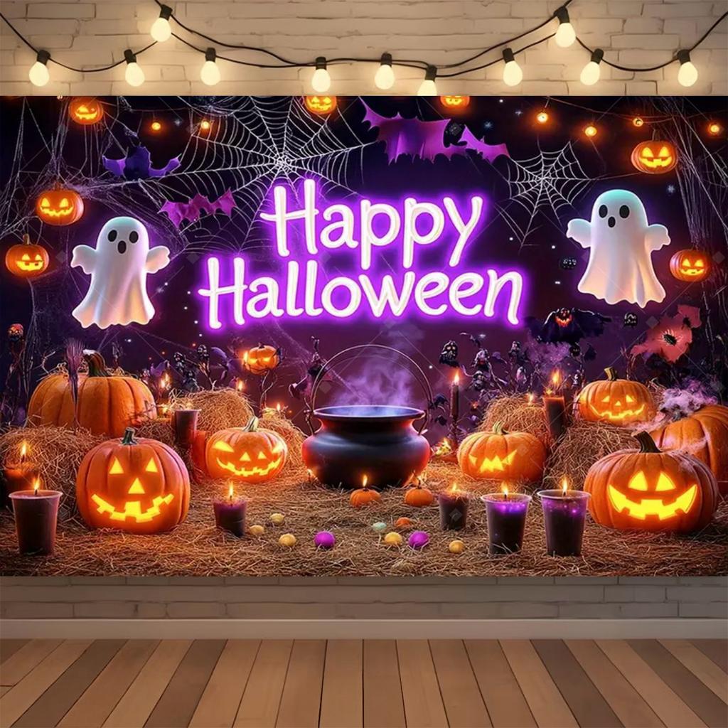 Happy Halloween Backdrop Neon Pumpkin Bat Skull Cemetery Photography Background Halloween Party Photo Booth Decor Banner Gift511