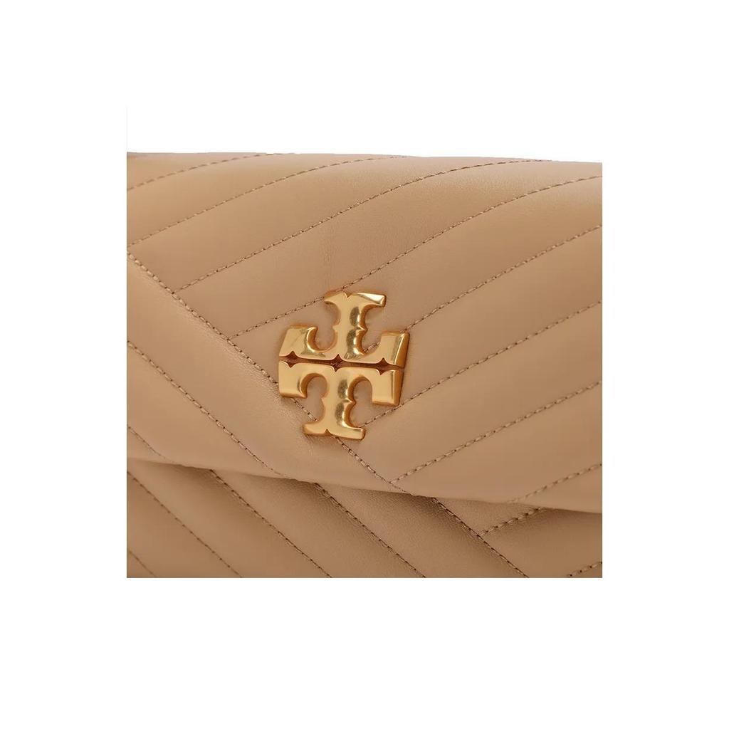 Tory Burch Kira Gold Logo V-Stripe Quilted Flap Bag with Metal Clasp Leather Tote Bag Shoulder Bag Small Size Women's Style Tan