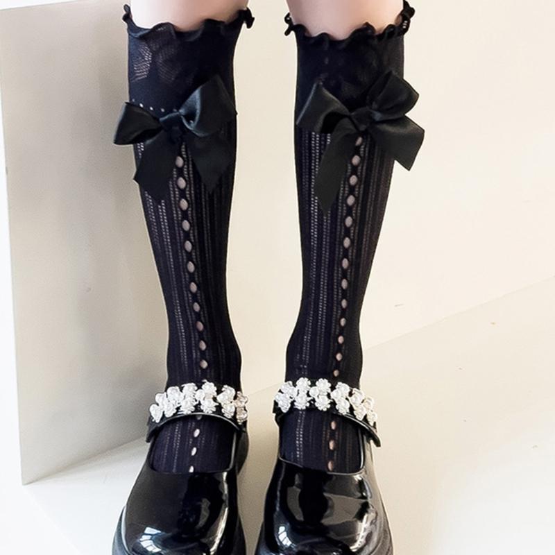 Breathable Middle Calf Socks For Girls Ruffle Trim Bowknot Accents Soft Casual Party Wear Lace Knee Length Stockings