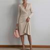 Spring New, European and American Women's Clothing, Fashionable and Elegant Solid Color V-neck Pleated Slim Dress