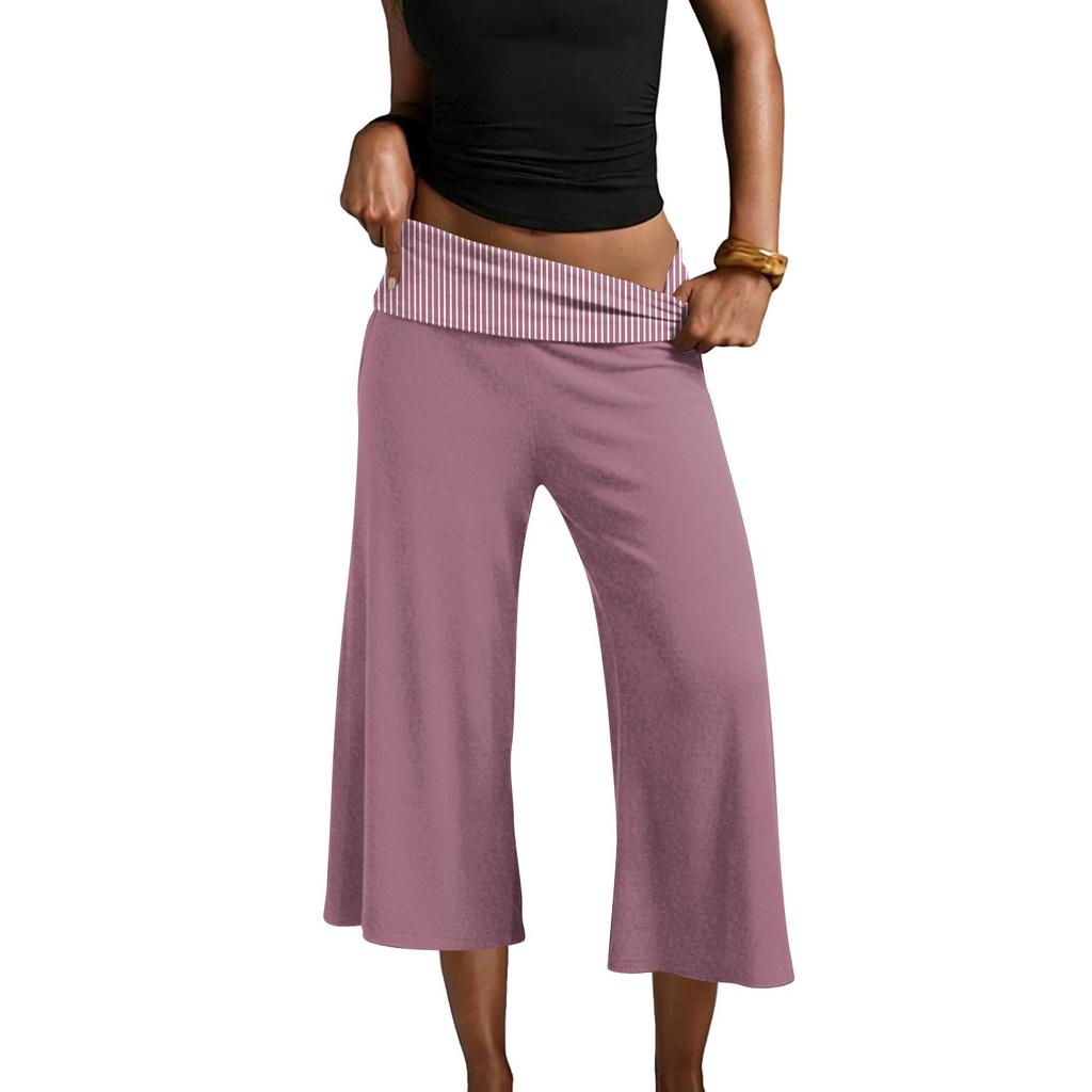 Womens Fold Over Cropped Pants Flared Bottom Fold Over Sweatpants Low Yoga Strechy Casual Wide Leg Sweatpant