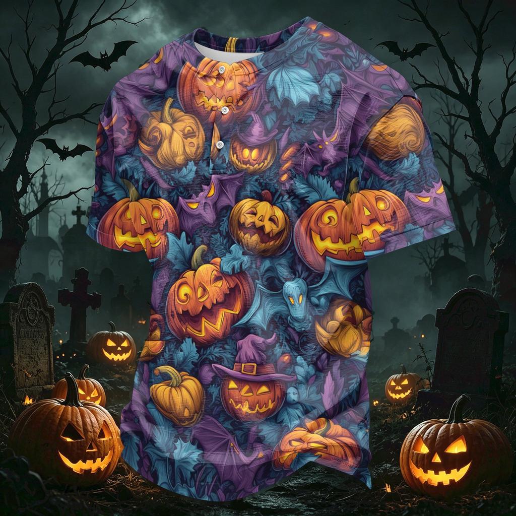 Męska casualowa koszula z kołnierzykiem na guziki, lekka, oddychająca, z krótkim rękawem, z nadrukiem w stylu Halloween, wygodny krój