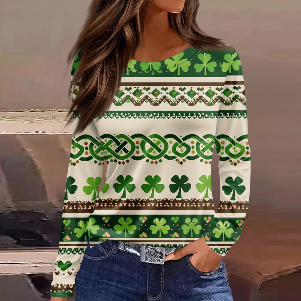 Damenmode Lässig Schlitz Saum Rundhals Langarm Lose Bedrucktes T-Shirt Damen Top