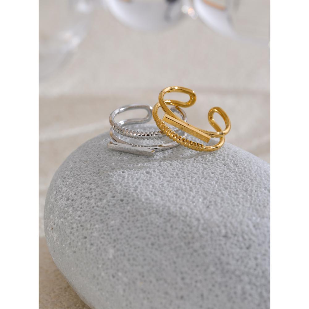 Yhpup Stylish Unique Stainless Steel Double Layer Geometric Open Ring Fashion Jewelry