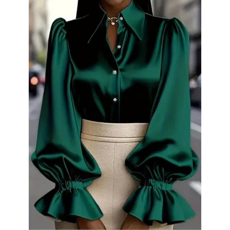 New Elegant Commuter Puff Long Sleeve Lapel Satin Womens Shirt Casual Loose Office Blouse New Lapel Simple Fashion Solid Color Tops