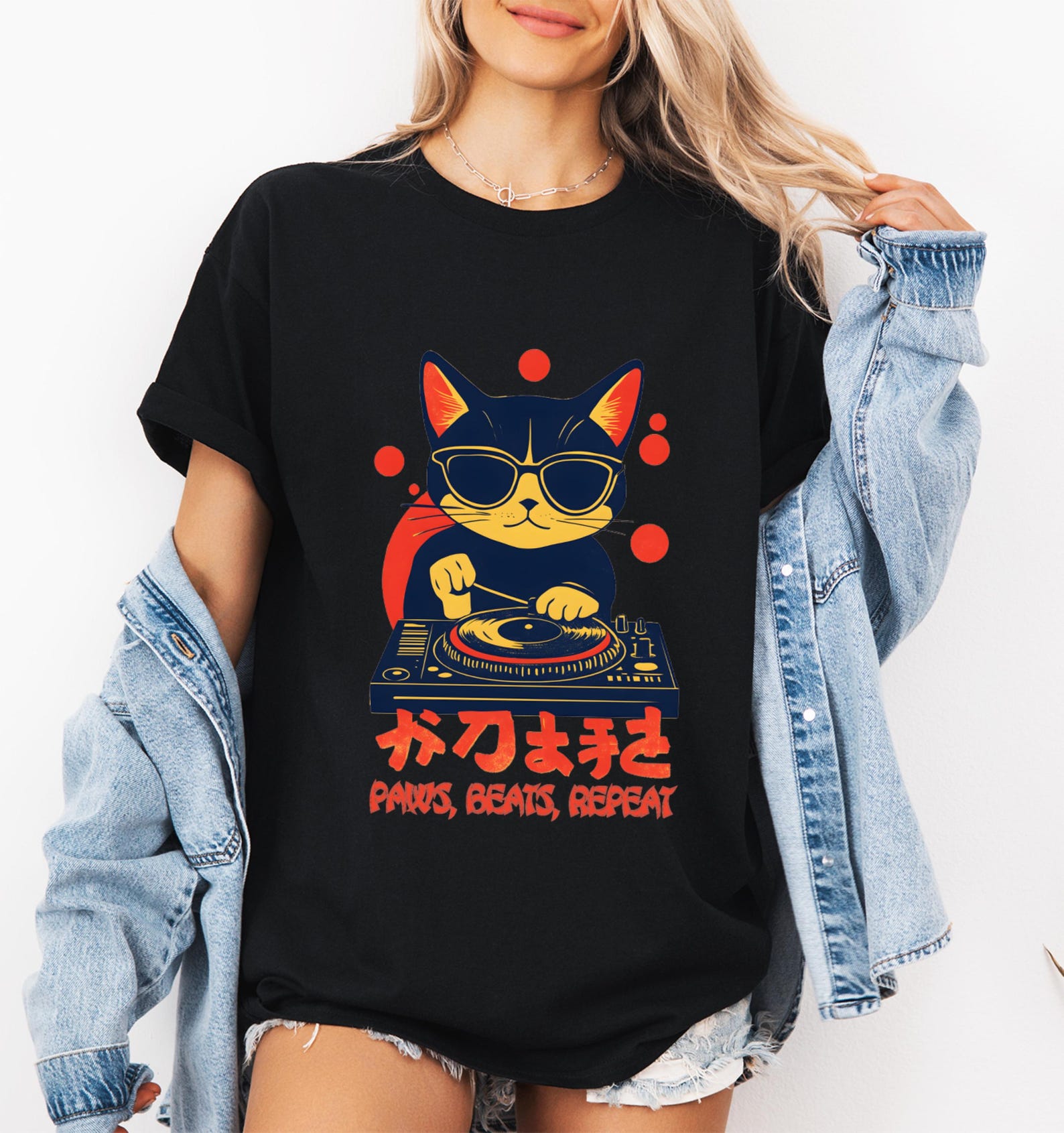 Cat DJ T-Shirt: Retro Kitty Music Lover Tee with Kanji S