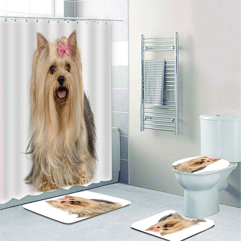 Funny Laughing Yorkshire Terrier Dog Bathroom Shower Curtain Set Sitting Yorkie Puppy Doggy Bath Mats Rugs Toilet Bathroom Set