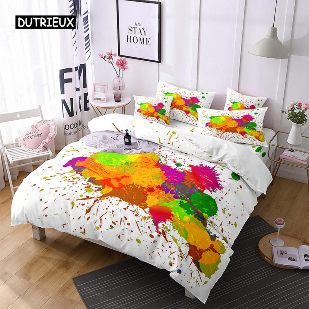 Set Copripiumino Acquerello Nero Multicolore Stampa Disegnata a Mano Biancheria da Letto Matrimoniale Microfibra Motivo Astratto Copripiumino