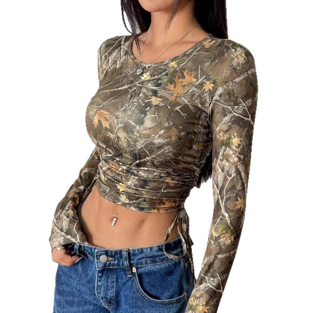 Frühlings Damen Mesh Baumzweig Print Seitlicher Kordelzug Slim Kurzarm T-Shirt