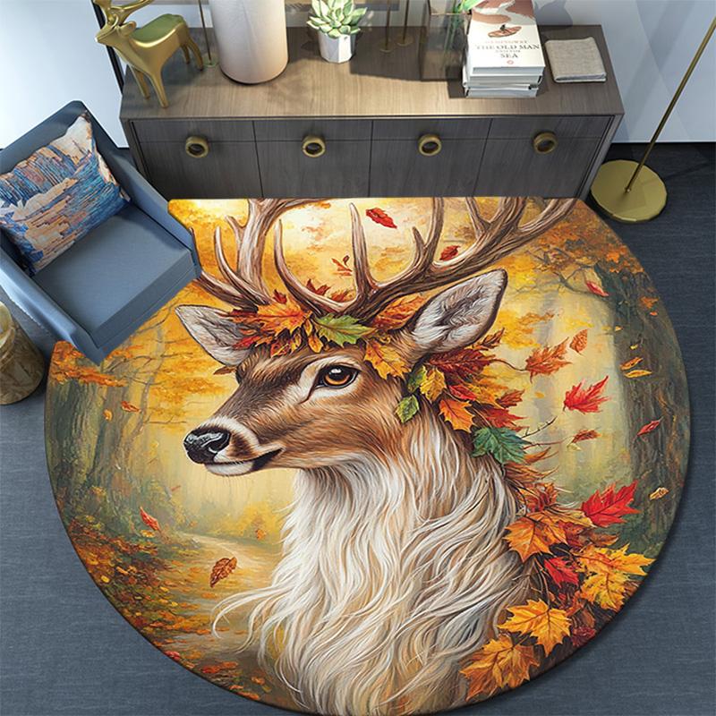 Autumnal Deer Round Area Rug,Carpet Rug for Living Room Bedroom Sofa Playroom Decor,Non-slip Floor Mat
