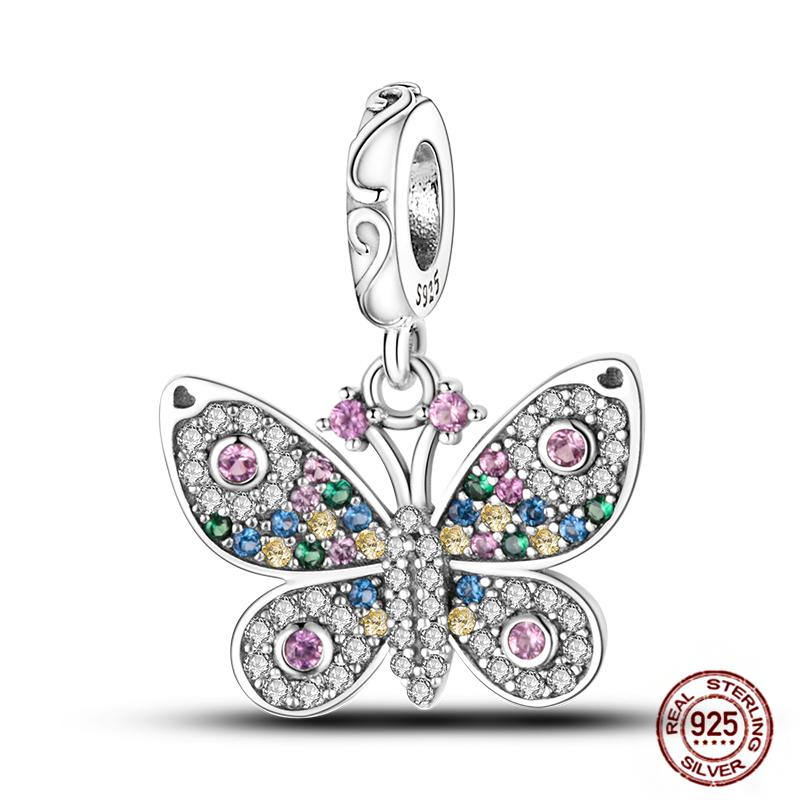 Charms Beads 925 Sterling Copper Pink Butterfly Luminous Firefly Chameleon Heart Charm Fit Original Bracelet DIY Holiday Zircon