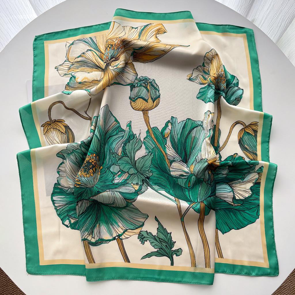 FLoral Printed Imitation Silk Scarves Fashion Square Scarf Bandanas For Women Luxury Hijab Neckerchief Elegant Shawl Beach Wraps
