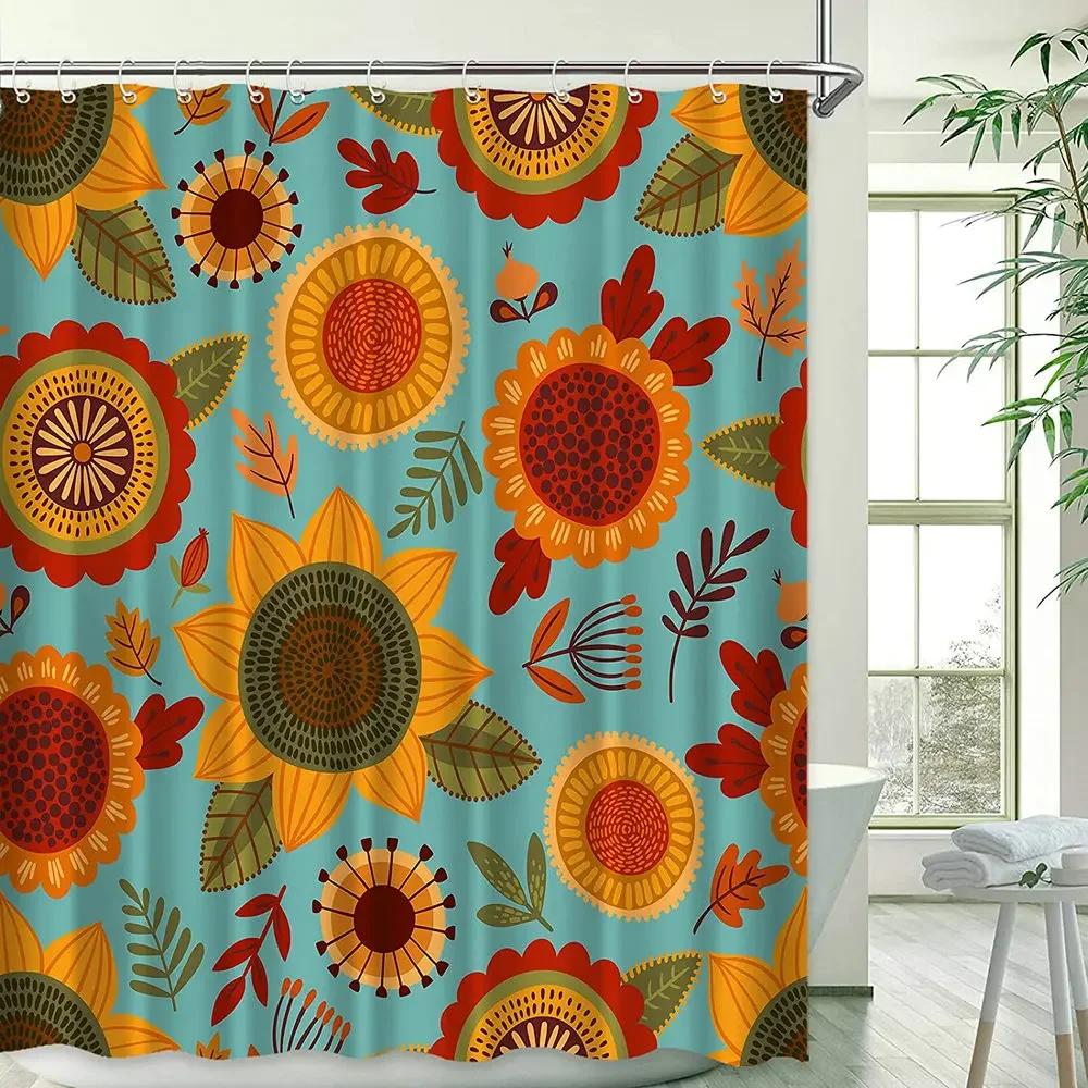 Sunflower Floral Shower Curtain Abstract Bohemian Plant Flower Retro Theme Bathroom Decor With Hook Waterproof Polyester Screen