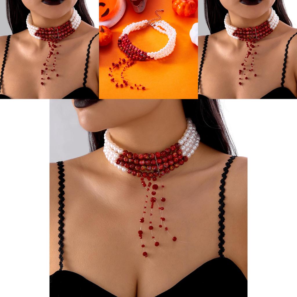 Halloween Blood Drop Pearl Necklace With Handcrafted Geometric Design For Women