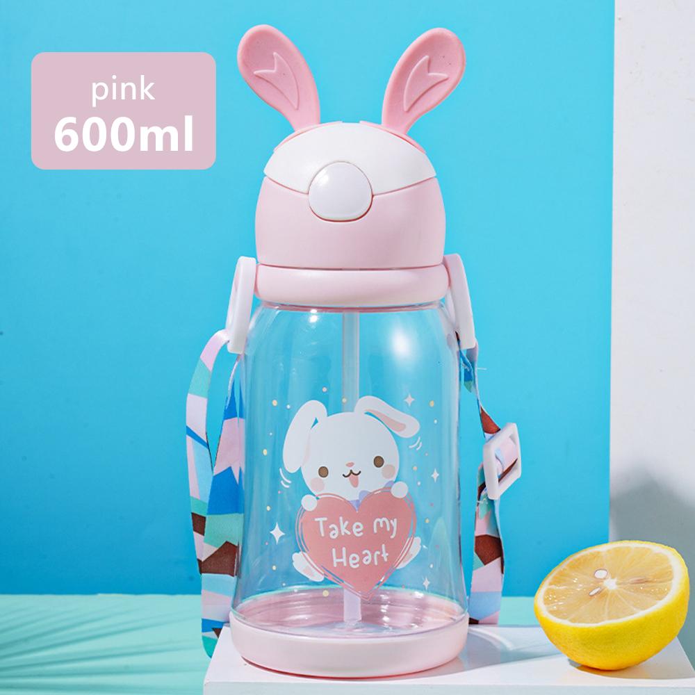 600ml Cute Kids Water Sippy Cup With Straw Cartoon Plastic Water Cups Leakproof Water Bottles For Girls Children's Cup BPA Free