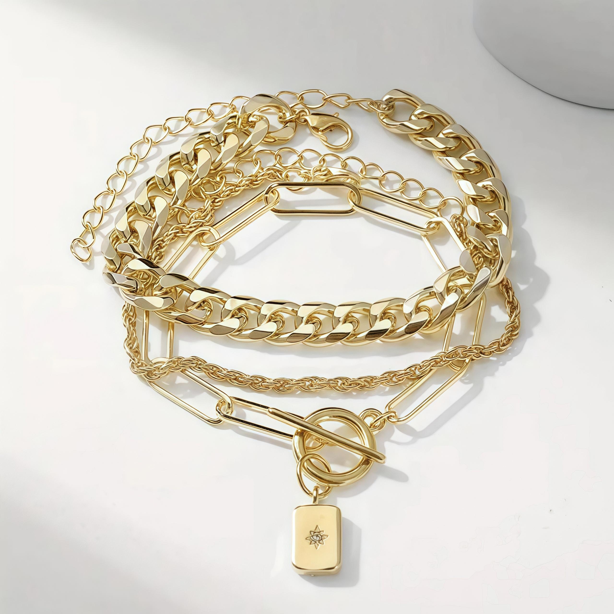 Набор из 3 браслетов с массивной цепью — Креативная многослойная комбинация золотых браслетов-цепей