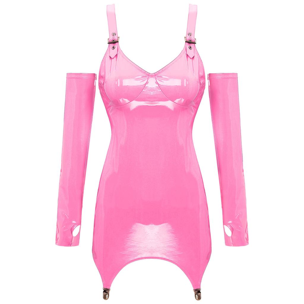 Dámské lesklé šaty z lakované kůže s podvazkovými klipsy Mini spodní prádlo Šaty Sexy klubové oblečení