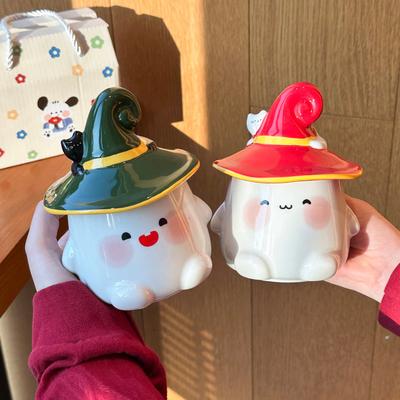 Halloween roztomilý duch hrnek dívka keramický hrnek s víčkem lžička kancelář pár hrnek na kávu suvenýr