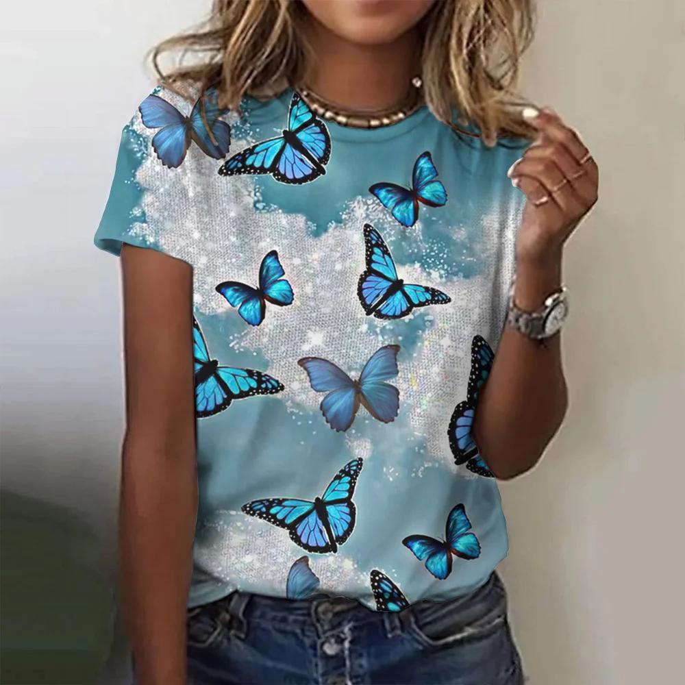 

Одежда для девочек Топ с коротким рукавом с 3D-принтом бабочки Летний с круглым вырезом 3XL