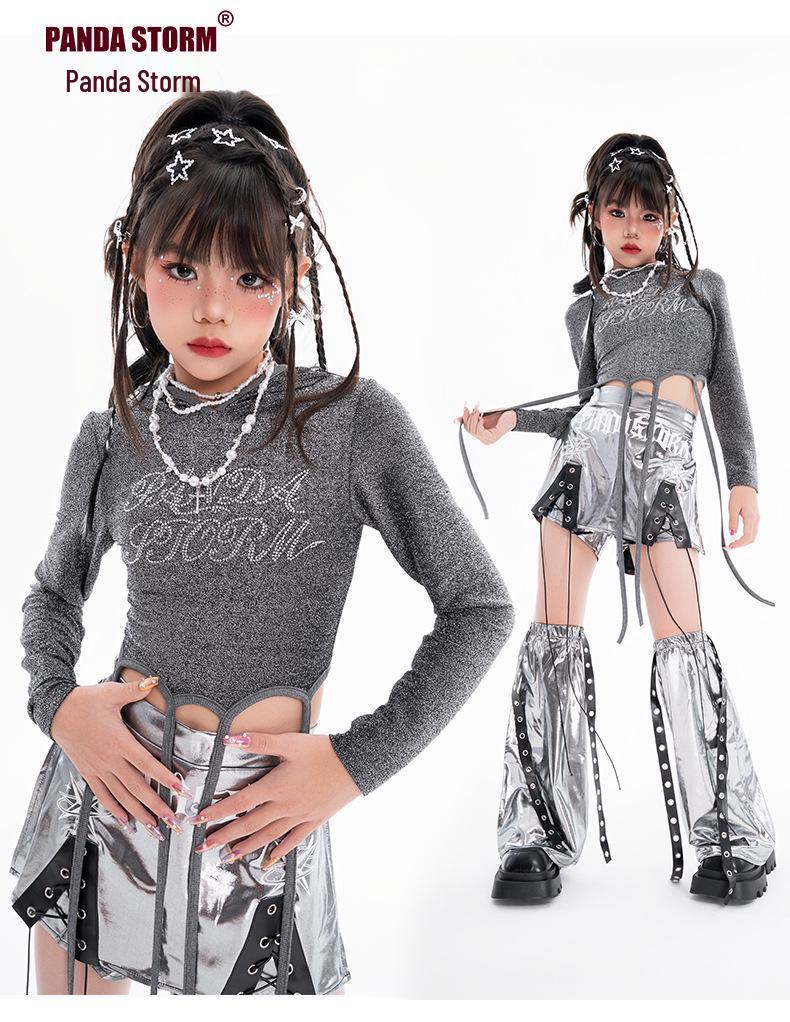 Girls' Sparkly Jazz Dance Long-Sleeve Outfit: Fashionable Street Dance T-shirt & Pants Set