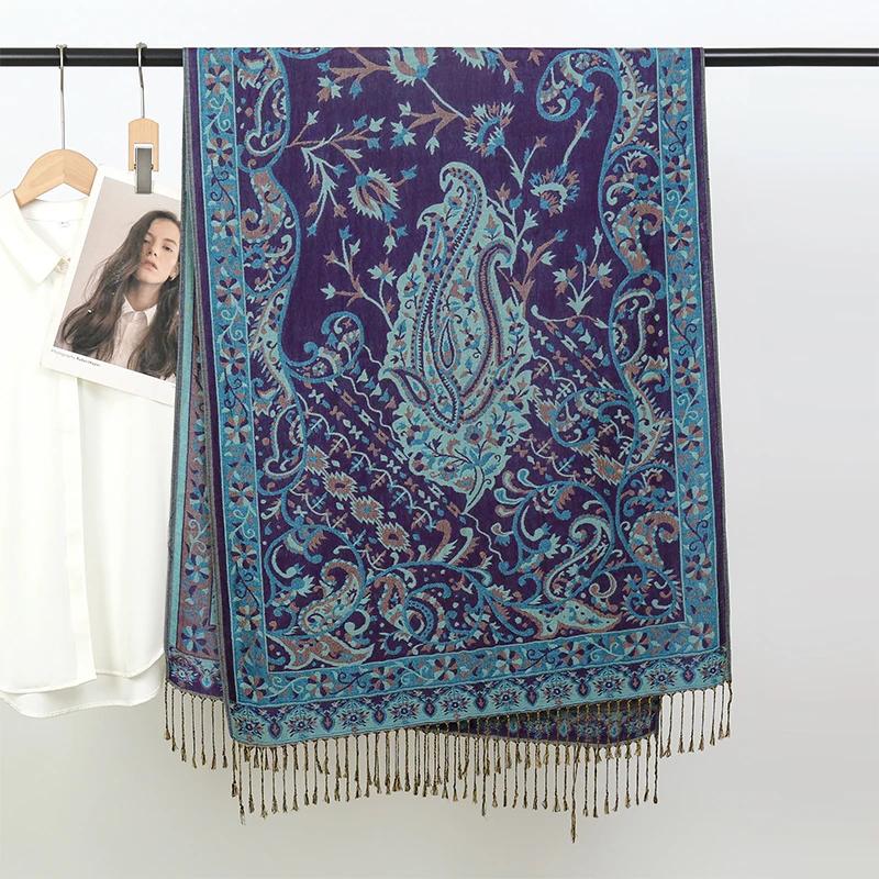 Bohemia Ethnic Style Women Scarf Retro Jacquard Thick Cashmere Tassel Shawl Winter Warm Muslim Hijab Wrap Pashmina