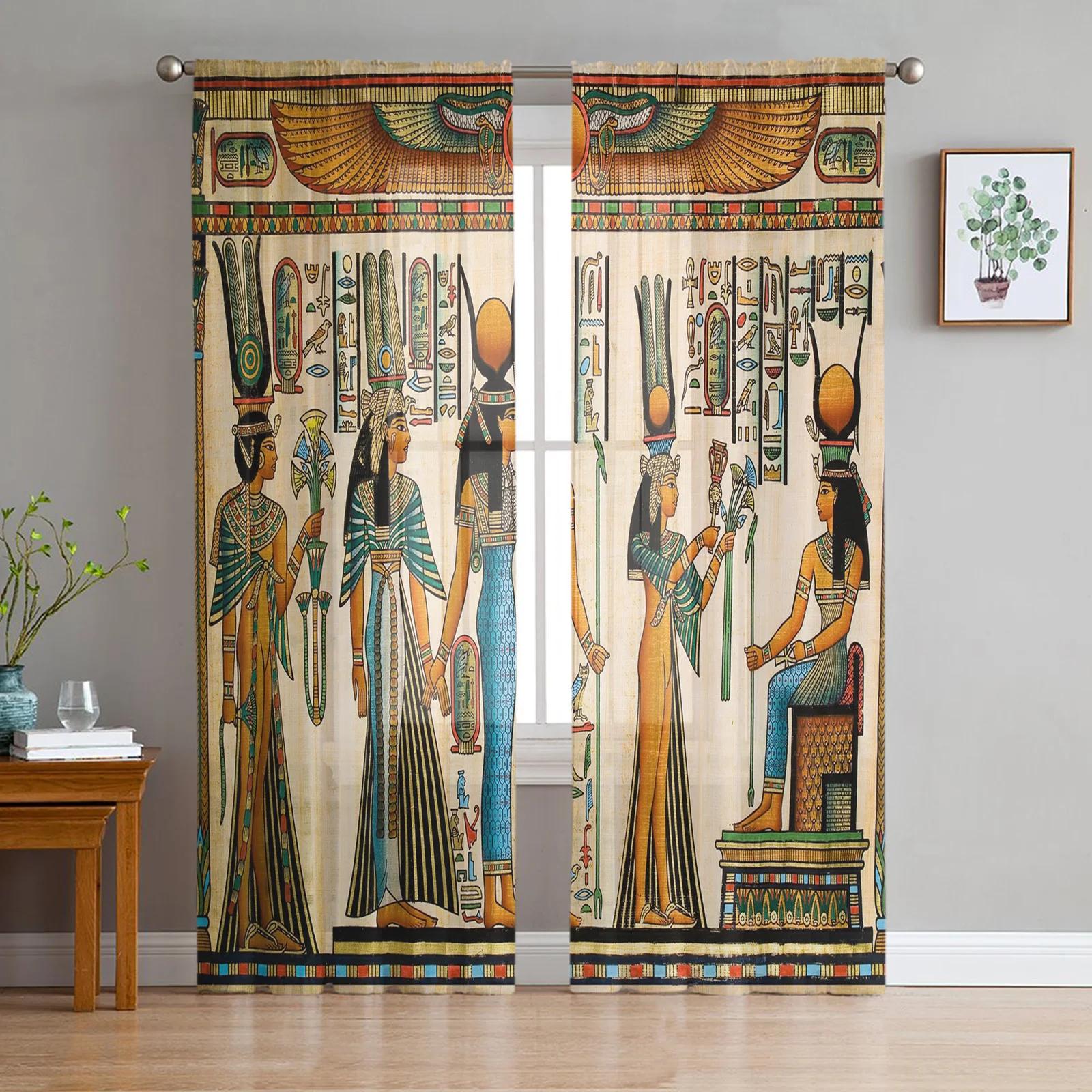 

Egypt Pharaoh Golden Yellow Mural Antique Soft Tulle Transparent Drapes Perfect for Living Room Decoration Window Panel Curtain Ideal for Bedroom W135 x H115cm x1&Grommet Top