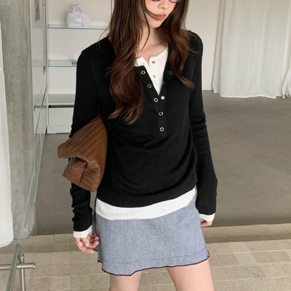 Patchwork Fake Two-Piece T-Shirt V-Neck Base Shirt Y2K Style Long Sleeve Top Casual Wear