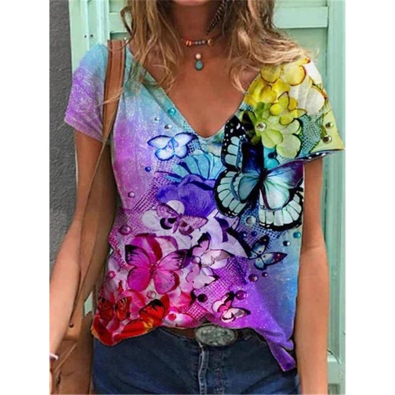 New Summer Women's V-neck Short Sleeve T-shirt with High Quality 3D Printed Animal Bird T-shirt