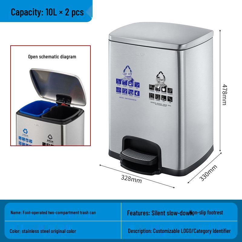 50L Stainless Steel Commercial Trash Can with Large Foot Pedal for Hotels and Shopping Malls
